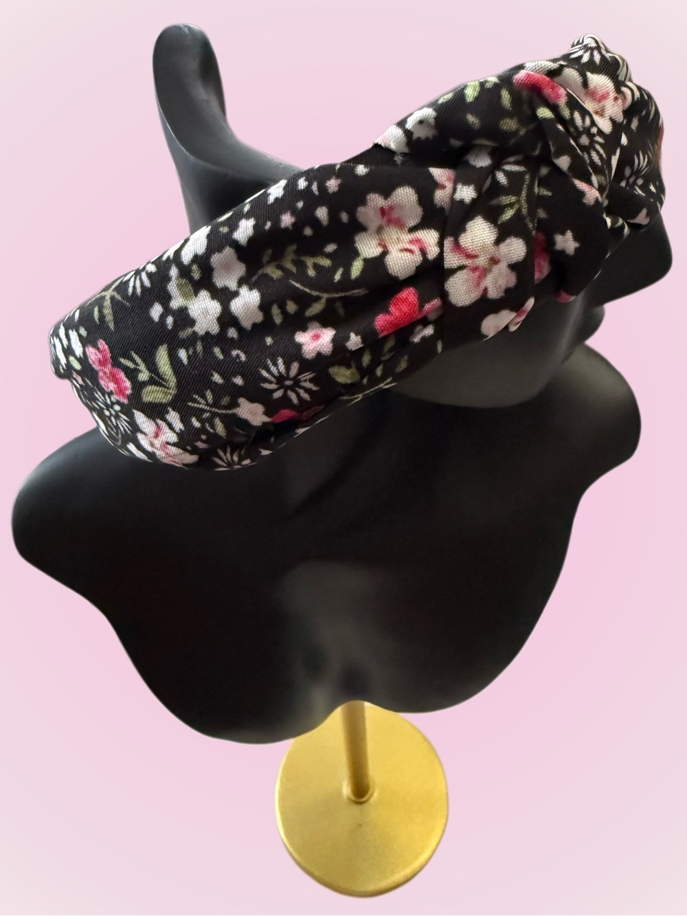 Floral Knotted Headband - Black with Pink & White Flowers